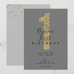 Invitation Minimal Grey Gold Flakes 1 Paillette 1er Anniversa