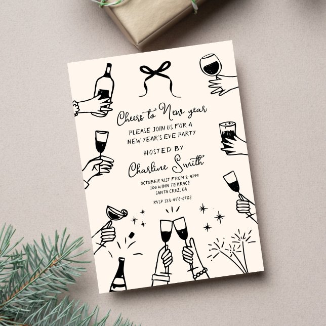 Invitation Minimal Hand Drawn “Cheers to New Year” Party  (Créateur téléchargé)