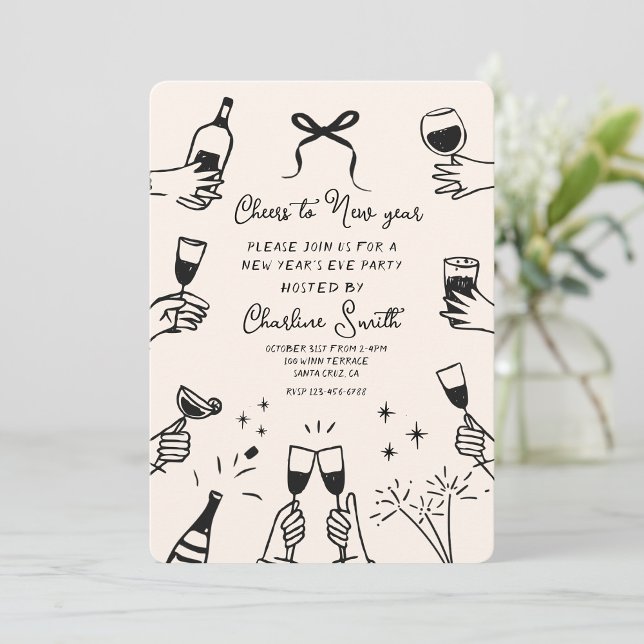 Invitation Minimal Hand Drawn “Cheers to New Year” Party  (Créateur téléchargé)