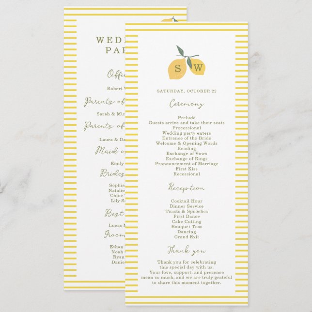 Invitation Minimal Lemon Amalfi Coast Wedding Program Card (Devant / Derrière)