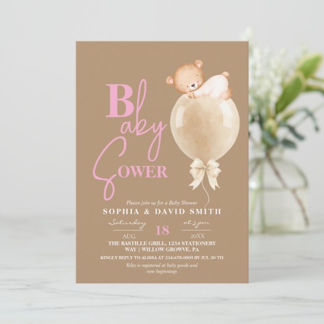 Invitation Minimal Modern Brown Pink Bear Balloon Baby Shower (Debout devant)