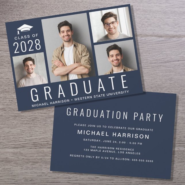 Invitation Minimal moderne 4 Photo Blue Graduation Party (Créateur téléchargé)