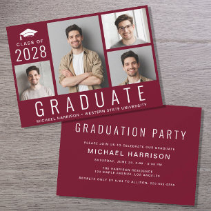 Invitation Minimal moderne 4 Photo Burgundy Graduation Party
