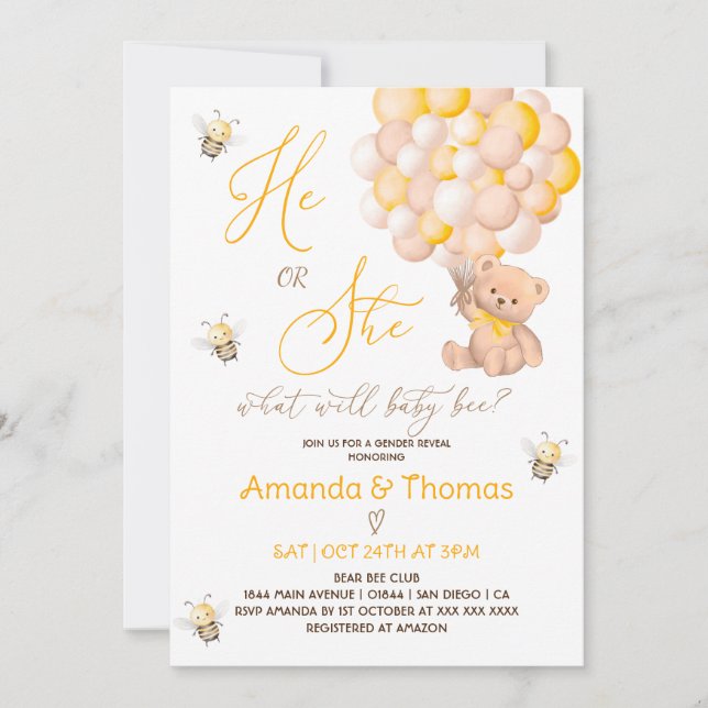 Invitation Minimal moderne Ce que le bébé abeille révélera ge (Devant)