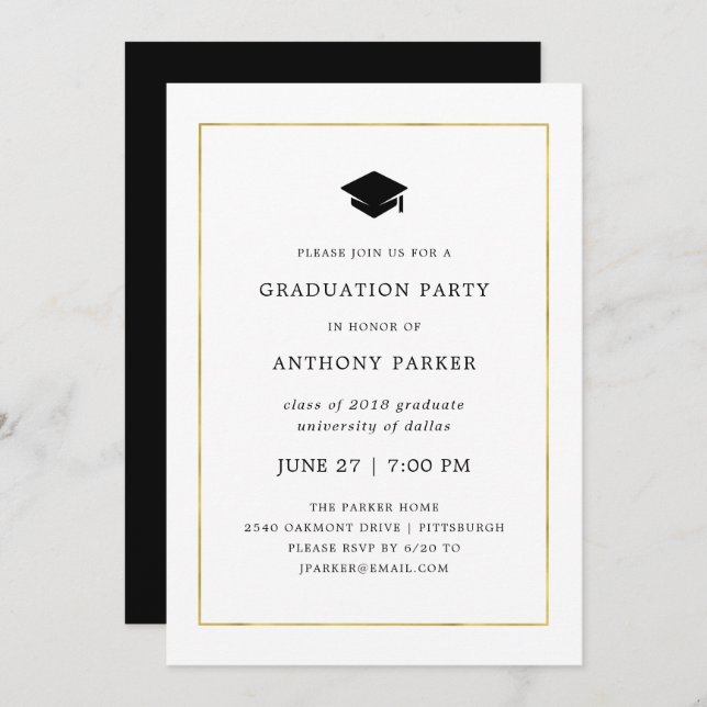 Invitation Minimal moderne| Faux Gold Border Graduation Party (Devant / Derrière)