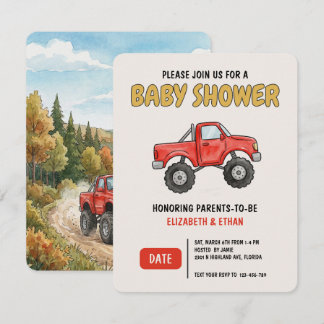 Invitation Minimal Monster Truck Red Baby Shower