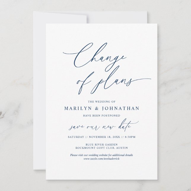 Invitation Minimal Navy, Changement de plans, mariage reporté (Devant)