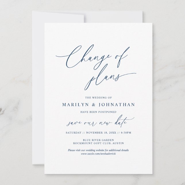 Invitation Minimal Navy, Changement de plans, mariage reporté (Devant)