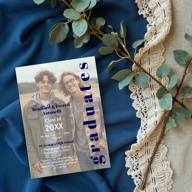 Invitation Minimal Photo Editorial Style Double Graduation (Minimal Editorial Style Double Graduation Photo Invitation Design. )