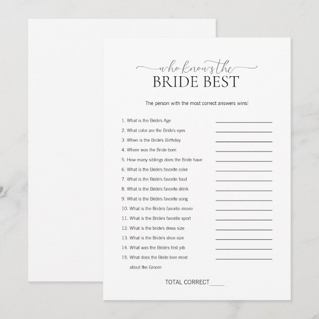 Invitation Minimal Qui Connaît Le Jeu De Fête des mariées De  (Devant / Derrière)