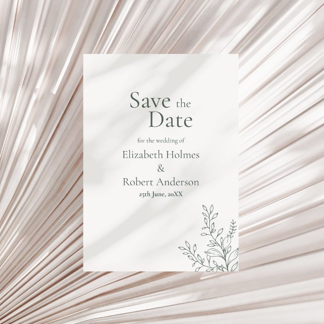 Invitation Minimal Sage Green Botanical Save the Date (Minimal Sage Green Botanical Save the Date Invitation on a neutral dry palm leaf.)