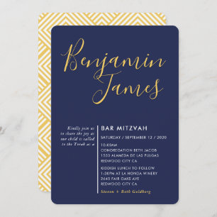 Invitation MINIMAL SCRIPT moderne Bar Mitzvah marine bleu or