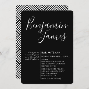Invitation MINIMAL SCRIPT moderne Bar Mitzvah noir blanc