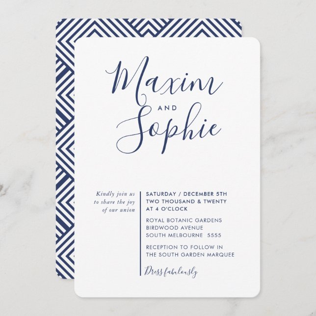 Invitation MINIMAL SCRIPT simple moderne mariage marine bleu (Devant / Derrière)