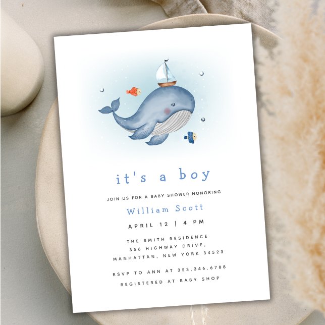 Invitation Minimal Sous Le Baby shower See Whale Nautica (Minimal Under The See Whale Nautica Baby Shower Invitation)
