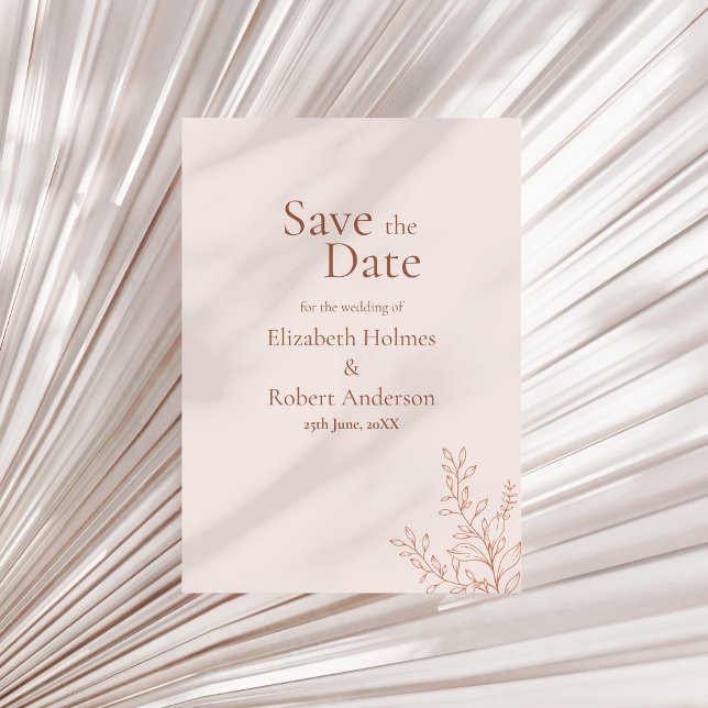 Invitation Minimal Terracotta Botanical Save the Date (Minimal Terracotta Botanical Save the Date Invitation on a sunny neutral dry palm leaf.)