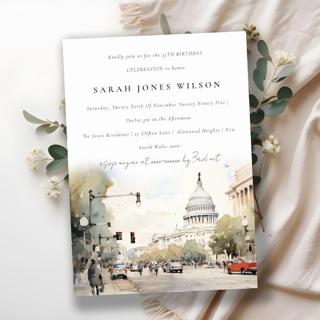 Invitation Minimal Washington DC, USA Aquarelle Anniversaire (Créateur téléchargé)
