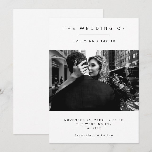 Invitation Minimalisme élégant | Mariage photo noir et blanc (Devant / Derrière)