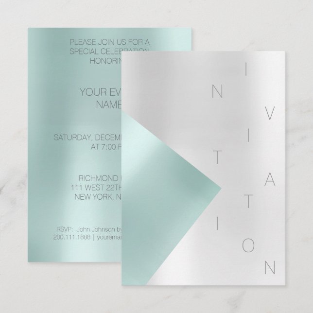 Invitation Minimalisme Fashion Event Metallic Aqua Tiffany (Devant / Derrière)