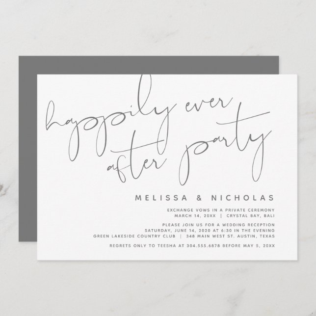 Invitation Minimalisme Gris foncé, Mariage Fuite Party (Devant / Derrière)
