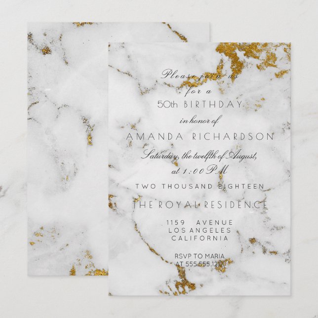 Invitation Minimalisme Marbre Gris Blanc Or Anniversaire (Devant / Derrière)
