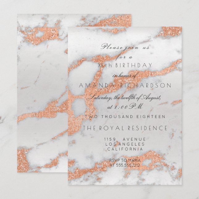 Invitation Minimalisme Marbre gris Rose or cuivre Anniversair (Devant / Derrière)