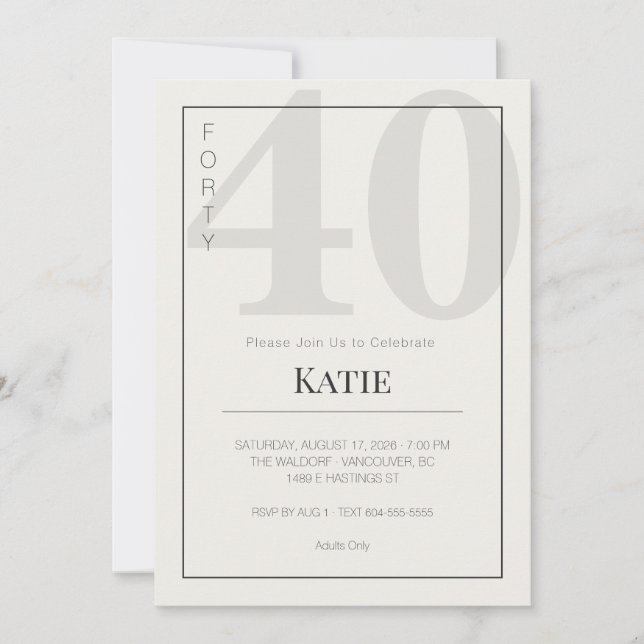 Invitation Minimalist 40th Milestone Birthday Celebration (Devant)