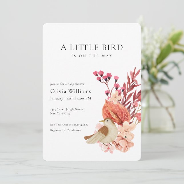 Invitation Minimalist Boho Flower Tiny Bird Baby Shower   (Debout devant)
