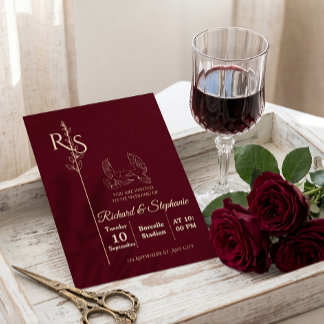 Invitation Minimalist Burgundy & White Birds Wedding Invite
