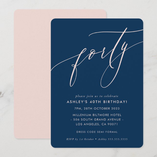 Invitation MINIMALIST Calligraphie chic 40ème parti blush mar (Devant / Derrière)