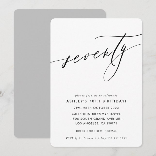 Invitation MINIMALIST Calligraphie chic élégant 70e anniversa (Devant / Derrière)