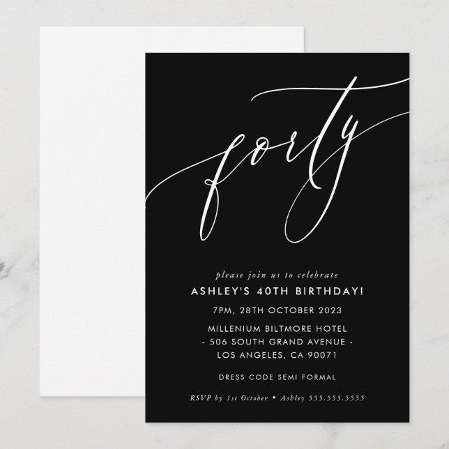 Invitation MINIMALIST Calligraphie élégant chic 40e anniversa (Devant / Derrière)