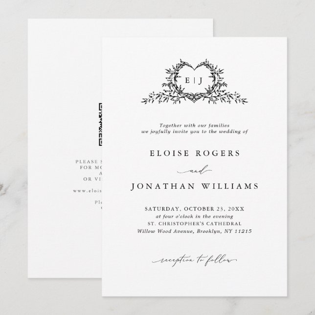 Invitation Minimalist Calligraphy Crest QR Code Chic Wedding (Devant / Derrière)