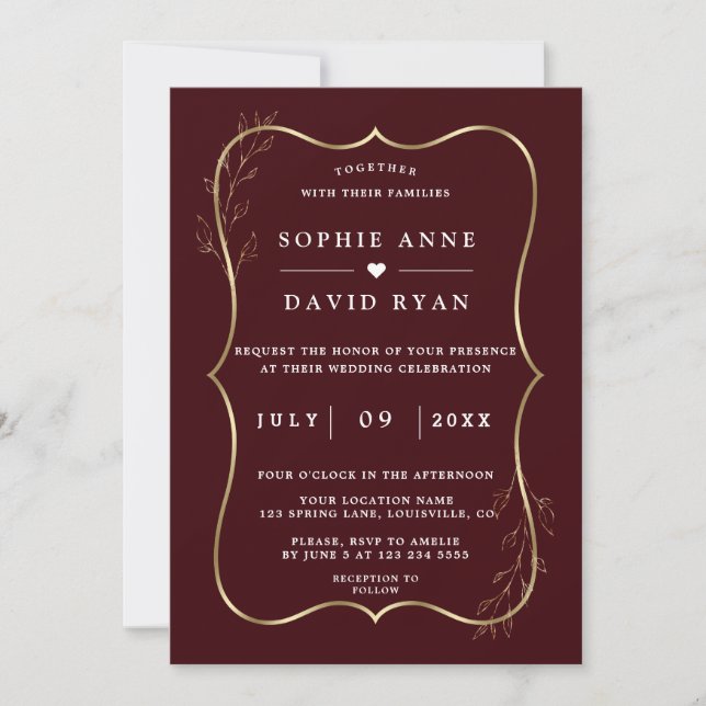 Invitation Minimalist Deep Burgundy Gold Line Art Wedding  (Devant)