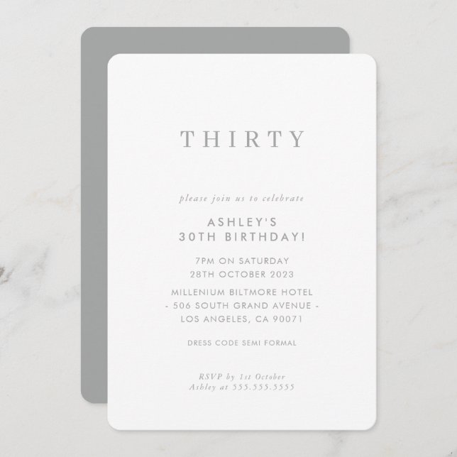 Invitation MINIMALIST design anniversaire chic moderne gris m (Devant / Derrière)