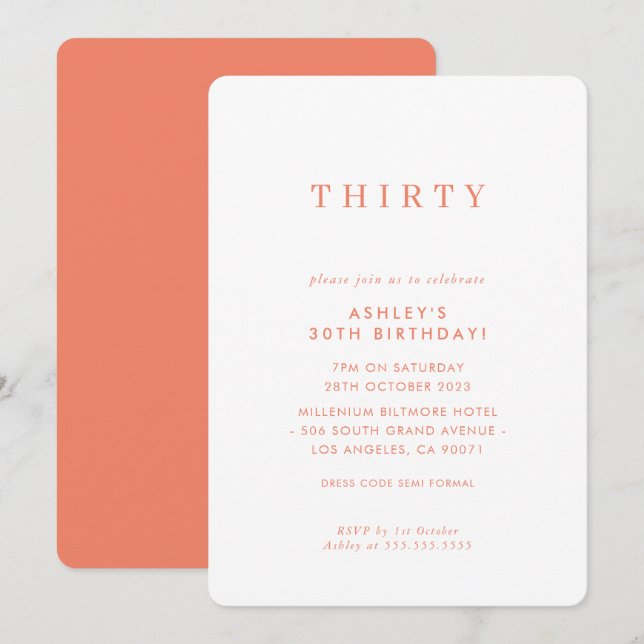 Invitation MINIMALIST design anniversaire chic orange moderne (Devant / Derrière)