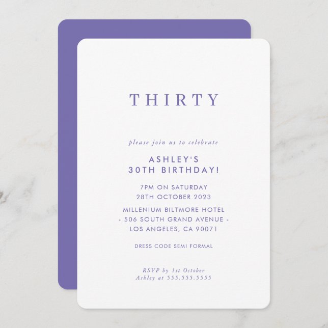Invitation MINIMALIST design anniversaire chic violet moderne (Devant / Derrière)