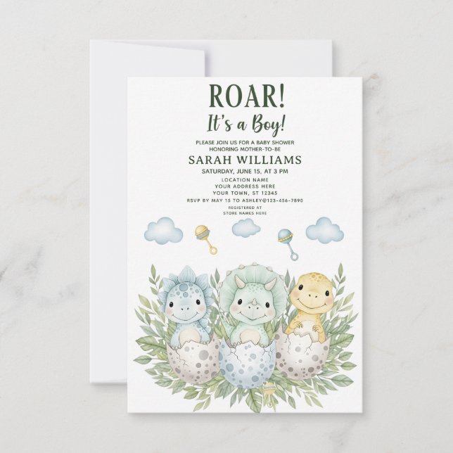 Invitation minimalist Dinosaur Baby Shower party boy Roar (Devant)