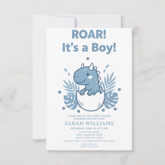 Invitation minimalist Dinosaur Baby Shower party boy Roar (Devant)