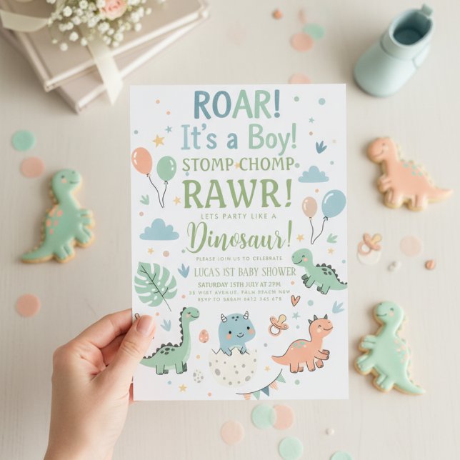 Invitation minimalist Dinosaur Baby Shower party boy Roar (Créateur téléchargé)