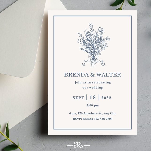 Invitation Minimalist Dusty Blue Floral Sketch Wedding  (Créateur téléchargé)