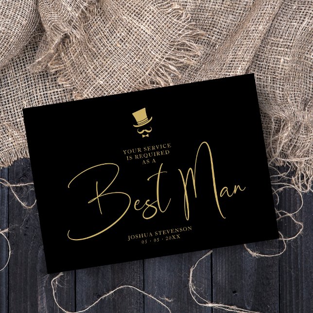Invitation Minimalist Elegant Gorgeous Script Best Man (Elegant, downloadable golden & black Best Man Wedding Proposal card.)
