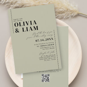 Invitation Minimalist Green Sage All One RSVP QR Code Wedding