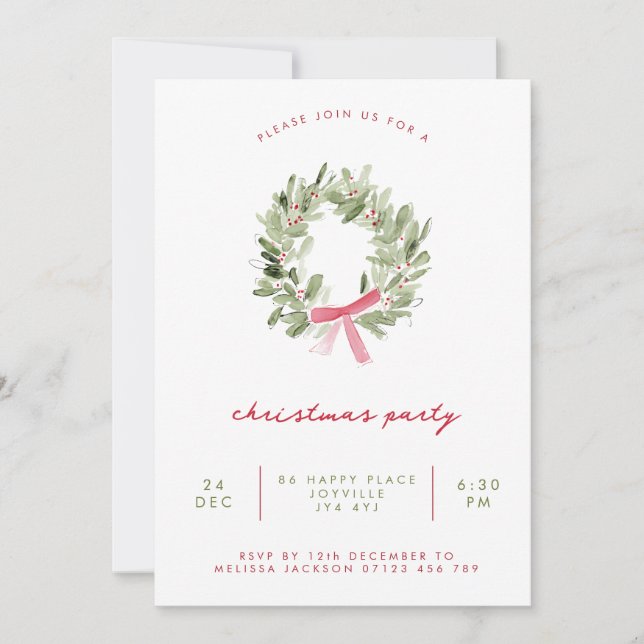 Invitation Minimalist Greenery Wreath & Bow Christmas Party (Devant)