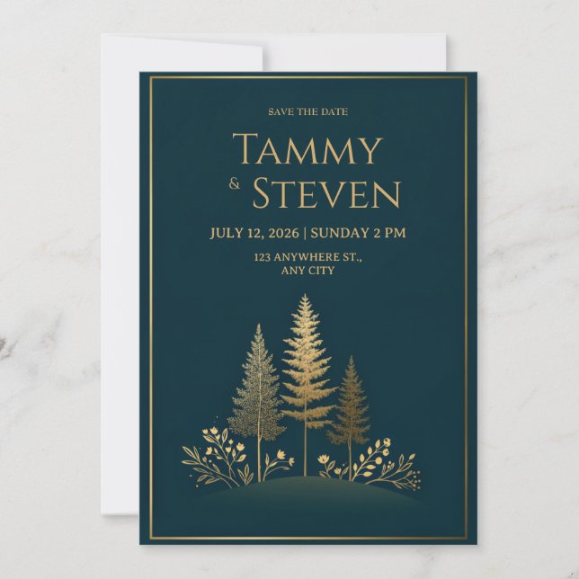 Invitation Minimalist Midnight Gold Tree Wedding (Devant)