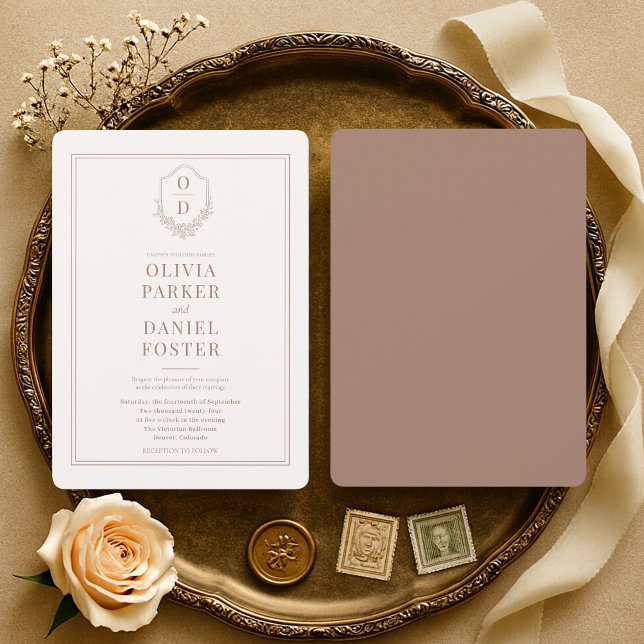 Invitation Minimalist Mocha Brown Crest Wedding (Créateur téléchargé)