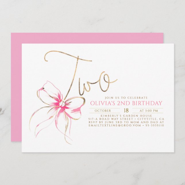 Invitation Minimalist Modern Elegant Pink Bow 2nd Birthday (Devant / Derrière)