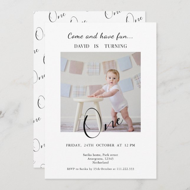 Invitation Minimalist One  Custom Photo First Birthday (Devant / Derrière)