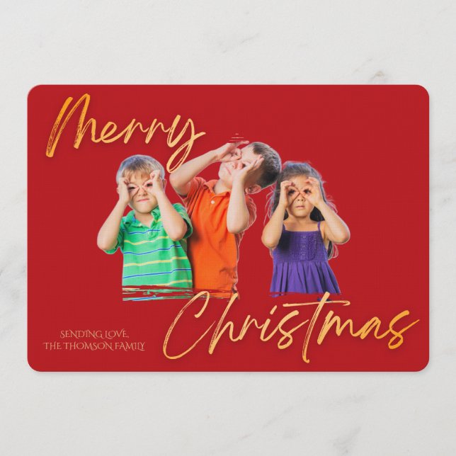 Invitation Minimalist Red Gold Merry Christmas Handwriting  (Devant)