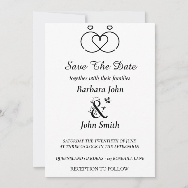 Invitation Minimalist Rings Heart Wedding Save The Date  (Devant)